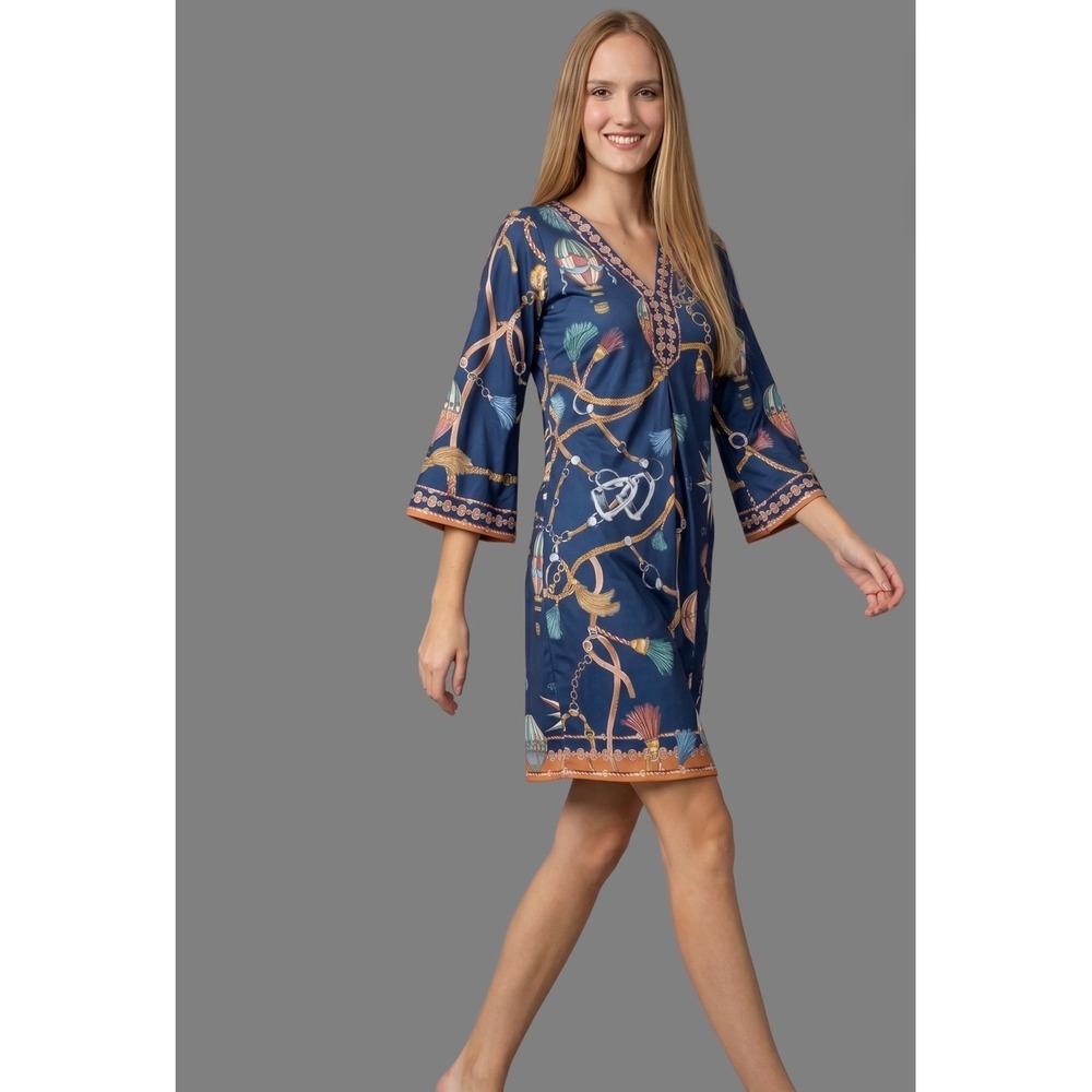 Hale Bob Giuliana Jersey Dress Navy Hot Air Balloon Chain Print Boho Shift M